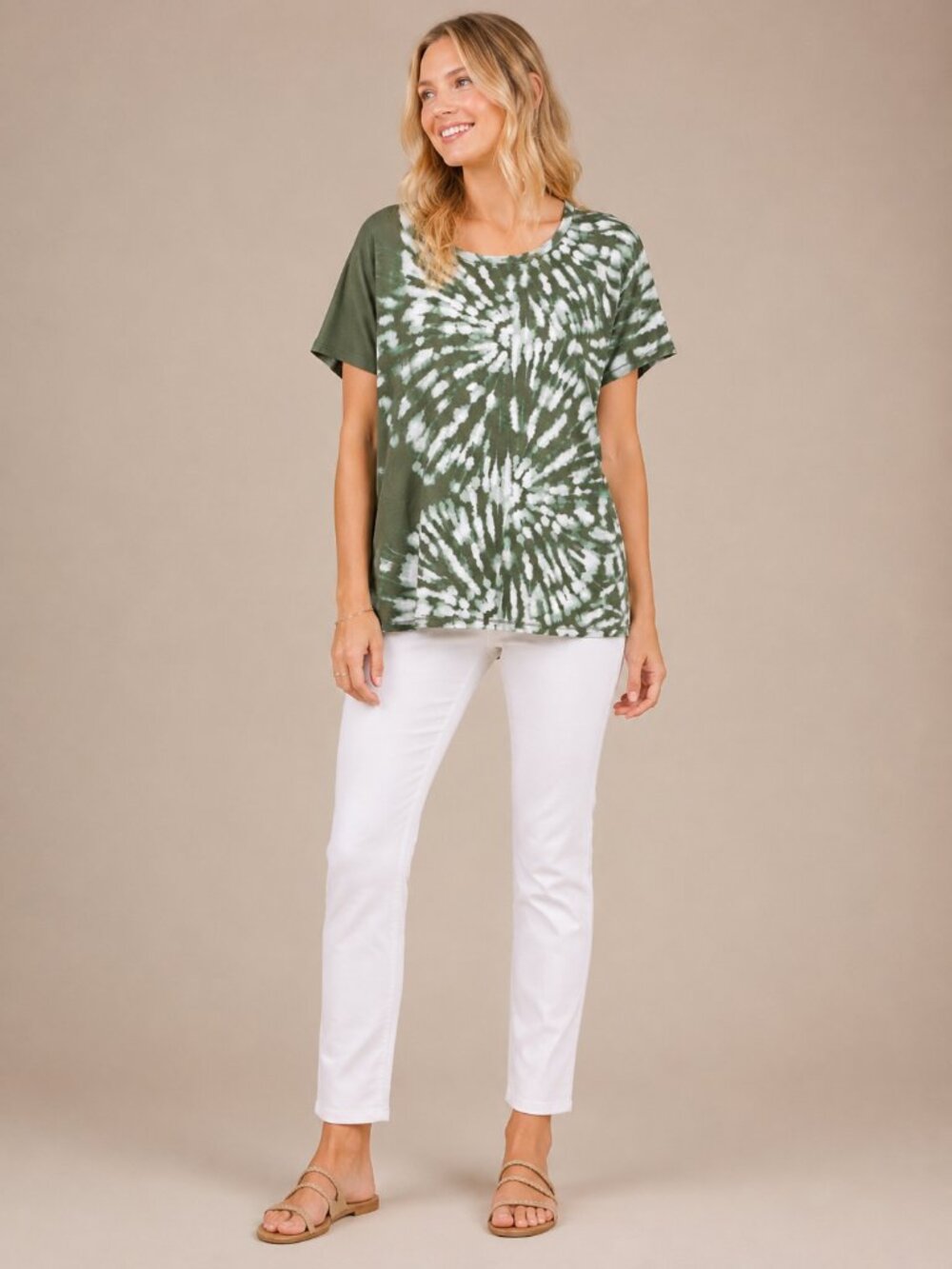 2/$30 Chico's Spiral Tie-Dye Bleached Tee Olive White 12 #A4115